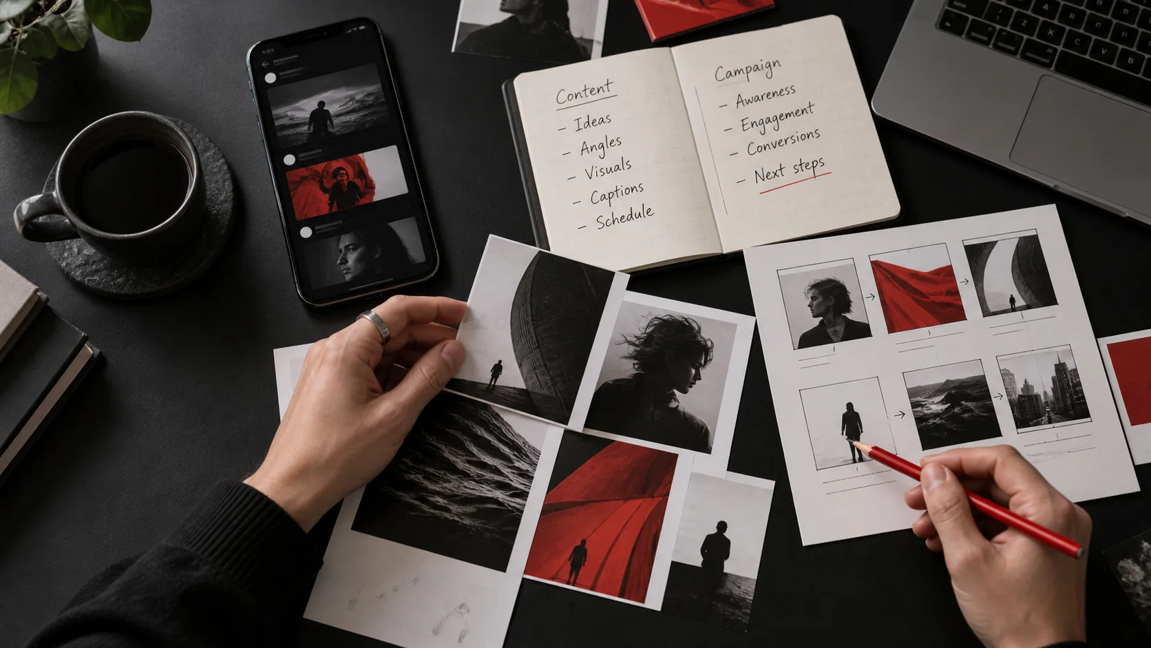 A social content creator reviewing campaign ideas, posts, and storyboard frames